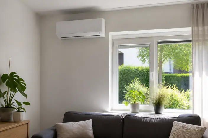 AI-beeld: een witte binnenunit van een airco hoog aan de muur van een woonkamer, boven een bank en naast een raam