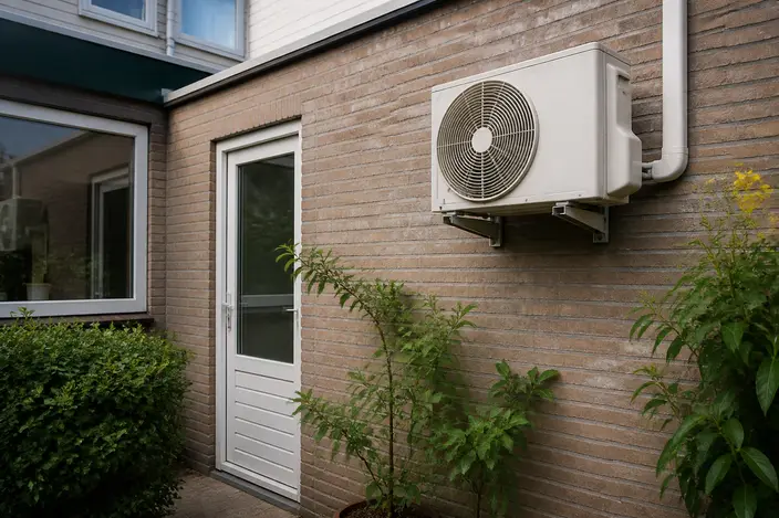 AI-beeld: een witte buitenunit van een airco op een beugel aan een bakstenen gevel, naast een deur en een paar planten